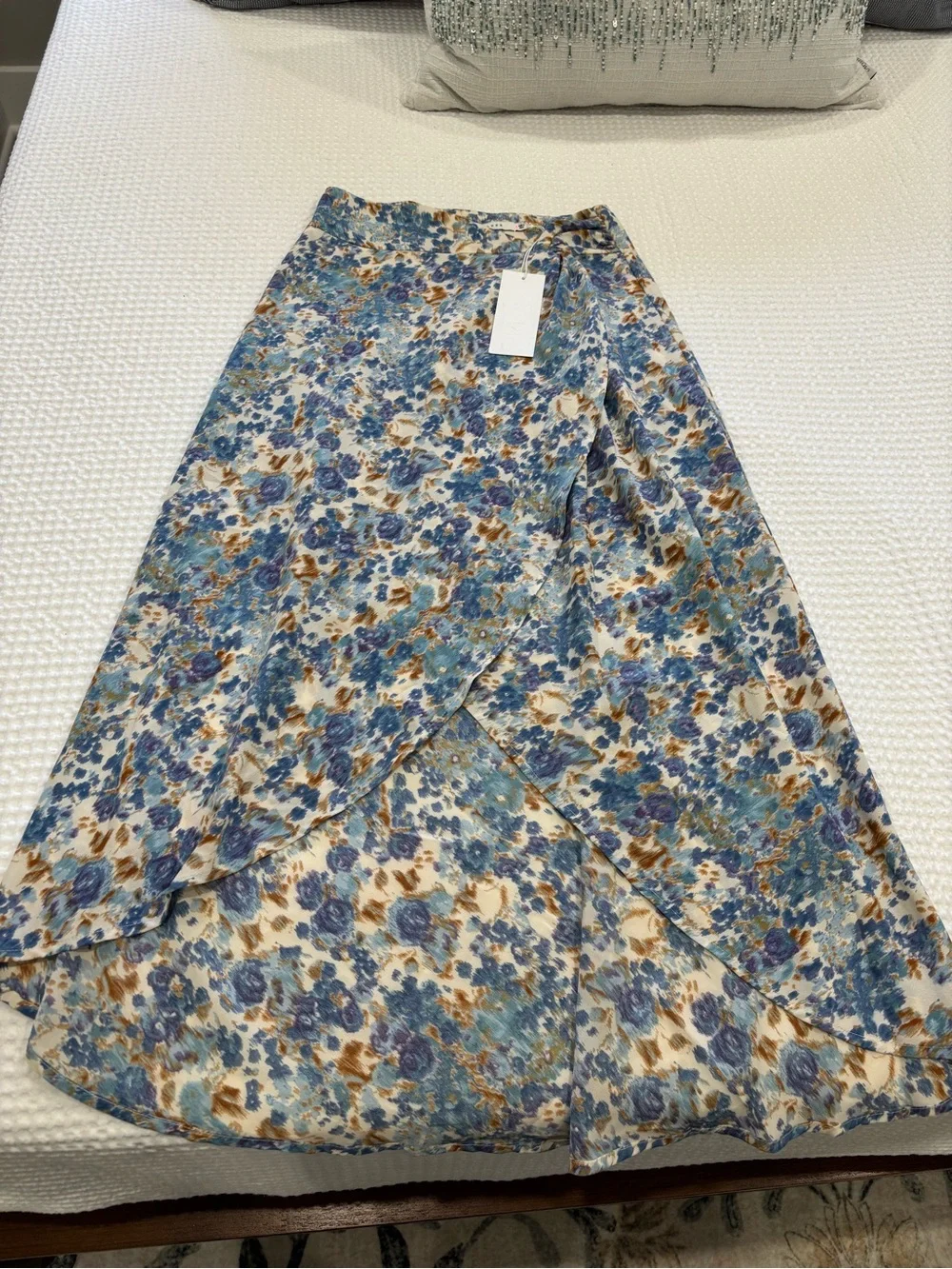 Lush Blue and Tan Watercolor Floral High-low Midi Skirt